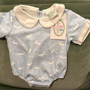 Classic Bunny-Print Light Blue One-Piece with Peter Pan Collar - EASTER